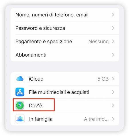 disattivare dov'è iPhone
