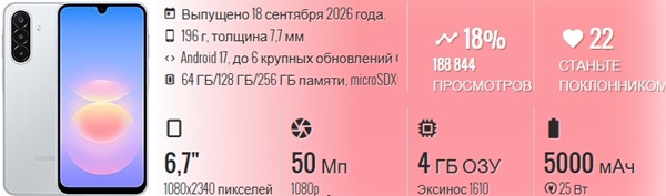 характеристика Samsung Galaxy A18